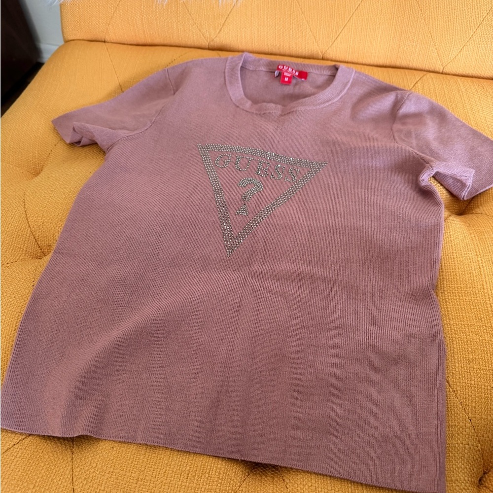 GUESS Dusty Rose Rhinestone Logo Short Sleeve Tee